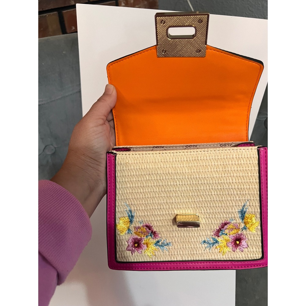 Aldo Floral Embroidered Straw Satchel Bag Colorblock Pink Orange Top Handle - Picture 4 of 11